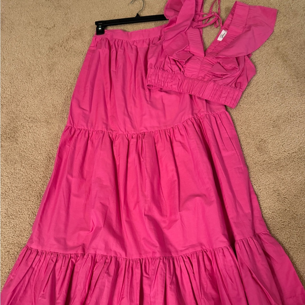 Japna Hot Pink Ruffled Crop Top & Tiered Skirt Set